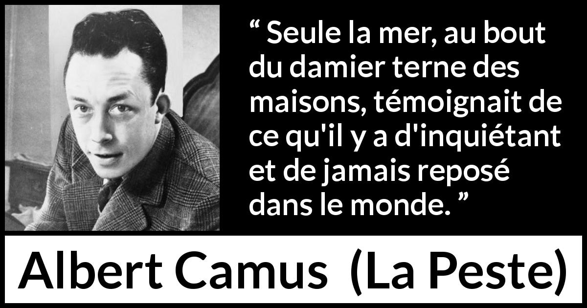 Citation d'Albert Camus sur l'agitation tirée de La Peste - Seule la mer, au bout du damier terne des maisons, témoignait de ce qu'il y a d'inquiétant et de jamais reposé dans le monde.