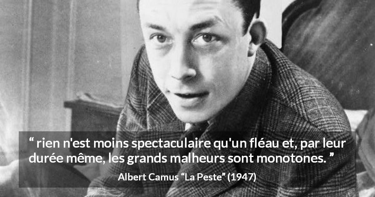 Citation d'Albert Camus sur le malheur tirée de La Peste - rien n'est moins spectaculaire qu'un fléau et, par leur durée même, les grands malheurs sont monotones.