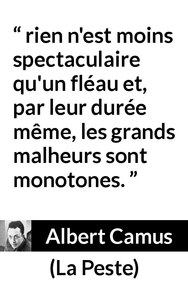 Citation d'Albert Camus sur le malheur tirée de La Peste - rien n'est moins spectaculaire qu'un fléau et, par leur durée même, les grands malheurs sont monotones.