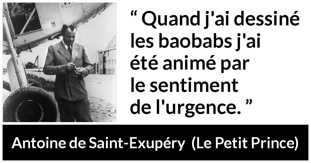 Citation d'Antoine de Saint-Exupéry sur la nécessité tirée du Petit Prince - Quand j'ai dessiné les baobabs j'ai été animé par le sentiment de l'urgence.