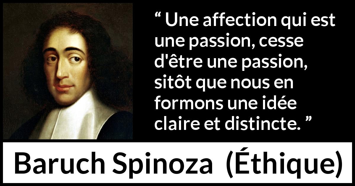 Citation de Baruch Spinoza sur la passion tirée d'Éthique - Une affection qui est une passion, cesse d'être une passion, sitôt que nous en formons une idée claire et distincte.