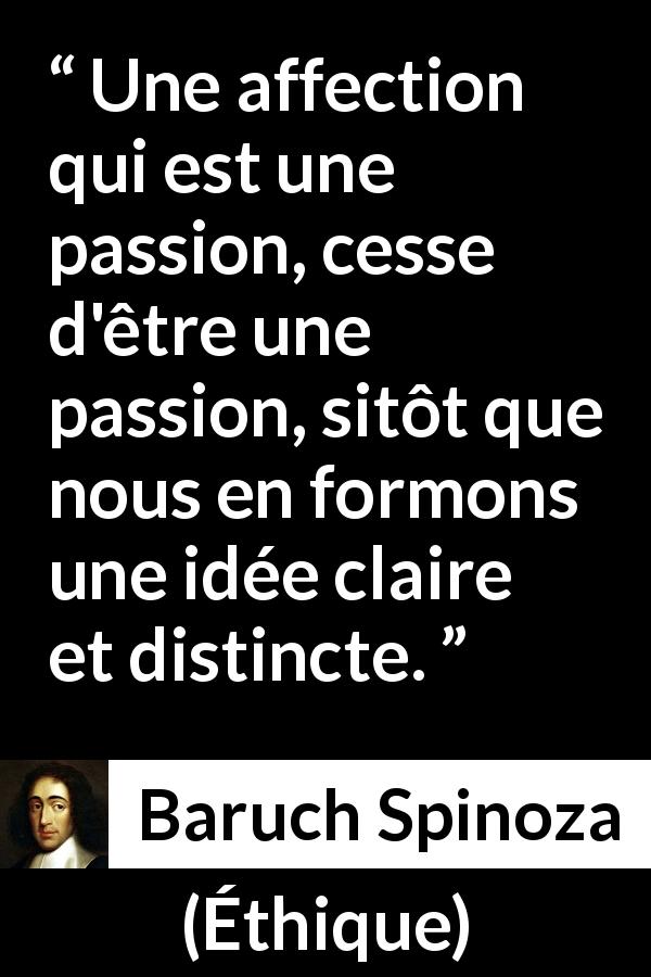 Citation de Baruch Spinoza sur la passion tirée d'Éthique - Une affection qui est une passion, cesse d'être une passion, sitôt que nous en formons une idée claire et distincte.