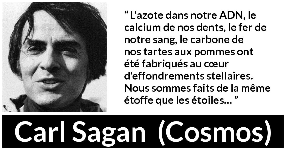 Citation de Carl Sagan sur étoiles tirée de Cosmos - L'azote dans notre ADN, le calcium de nos dents, le fer de notre sang, le carbone de nos tartes aux pommes ont été fabriqués au cœur d'effondrements stellaires. Nous sommes faits de la même étoffe que les étoiles…