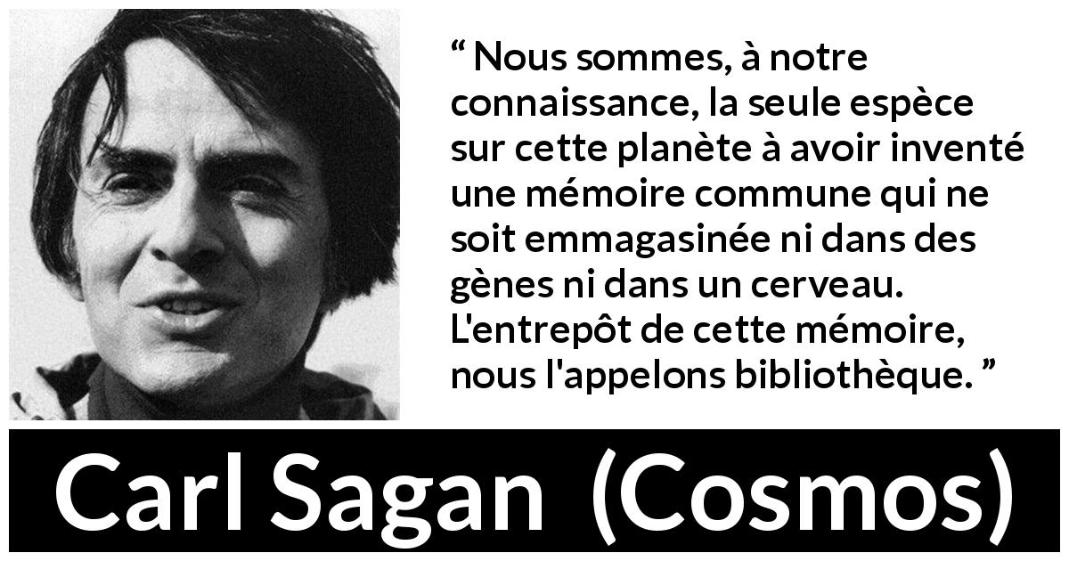 Citation de Carl Sagan sur la connaissance tirée de Cosmos - Nous sommes, à notre connaissance, la seule espèce sur cette planète à avoir inventé une mémoire commune qui ne soit emmagasinée ni dans des gènes ni dans un cerveau. L'entrepôt de cette mémoire, nous l'appelons bibliothèque.
