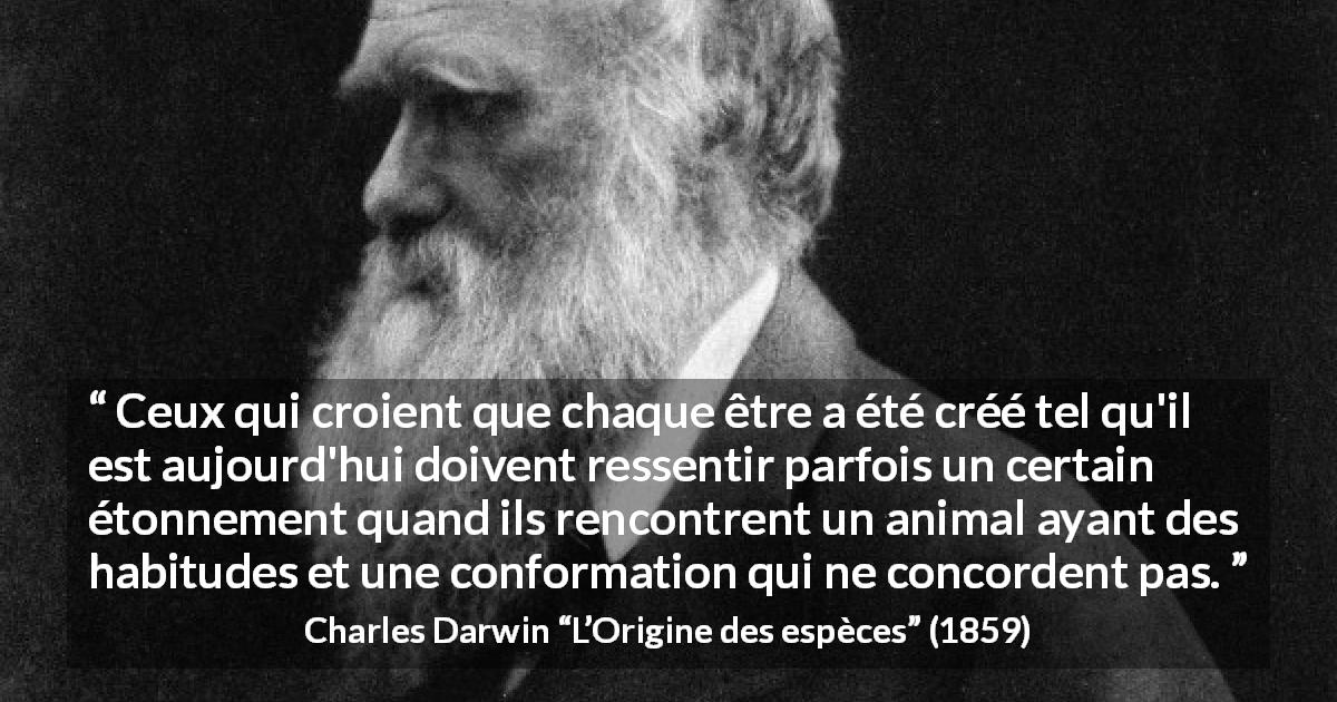Citation de Charles Darwin sur la croyance tirée de L’Origine des espèces - Ceux qui croient que chaque être a été créé tel qu'il est aujourd'hui doivent ressentir parfois un certain étonnement quand ils rencontrent un animal ayant des habitudes et une conformation qui ne concordent pas.