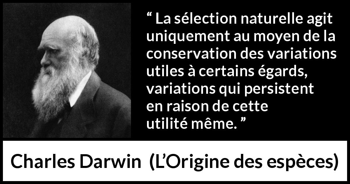 Citation de Charles Darwin sur l'utilité tirée de L’Origine des espèces - La sélection naturelle agit uniquement au moyen de la conservation des variations utiles à certains égards, variations qui persistent en raison de cette utilité même.