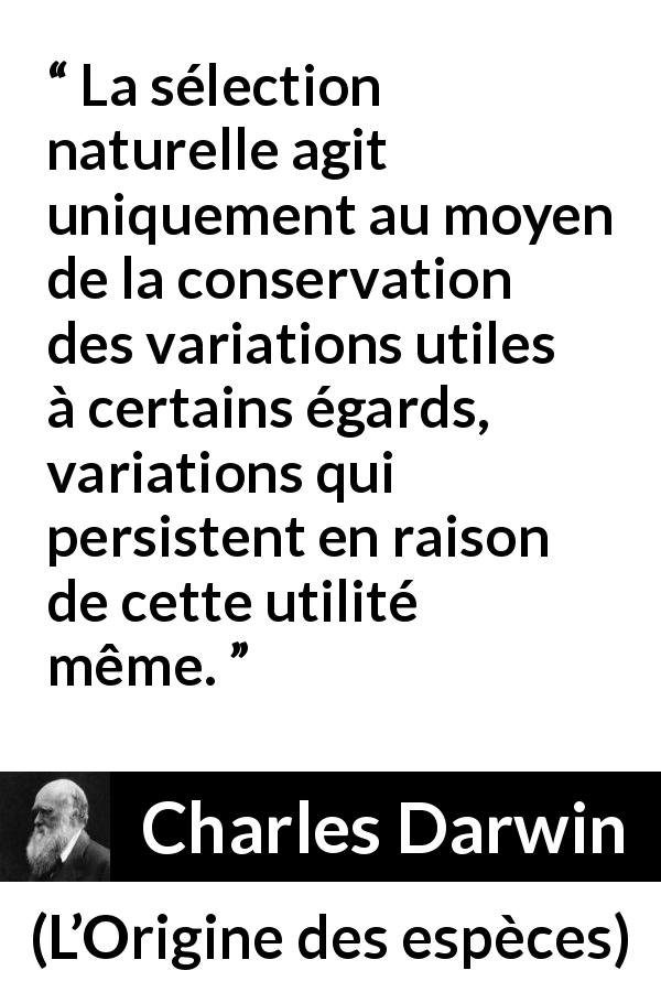 Citation de Charles Darwin sur l'utilité tirée de L’Origine des espèces - La sélection naturelle agit uniquement au moyen de la conservation des variations utiles à certains égards, variations qui persistent en raison de cette utilité même.