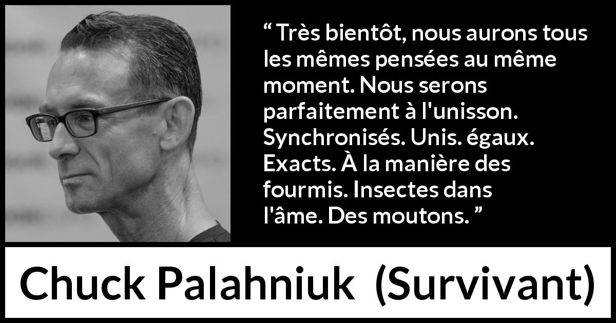 Citation de Chuck Palahniuk sur l'égalité tirée de Survivant - Très bientôt, nous aurons tous les mêmes pensées au même moment. Nous serons parfaitement à l'unisson. Synchronisés. Unis. égaux. Exacts. À la manière des fourmis. Insectes dans l'âme. Des moutons.
