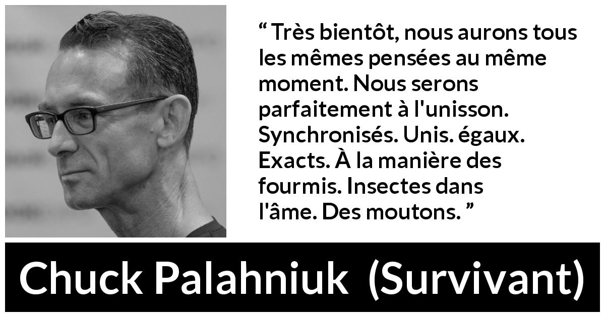 Citation de Chuck Palahniuk sur l'égalité tirée de Survivant - Très bientôt, nous aurons tous les mêmes pensées au même moment. Nous serons parfaitement à l'unisson. Synchronisés. Unis. égaux. Exacts. À la manière des fourmis. Insectes dans l'âme. Des moutons.