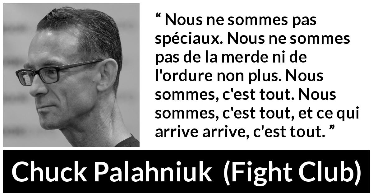 Citation de Chuck Palahniuk sur l'ordinaire tirée de Fight Club - Nous ne sommes pas spéciaux. Nous ne sommes pas de la merde ni de l'ordure non plus. Nous sommes, c'est tout. Nous sommes, c'est tout, et ce qui arrive arrive, c'est tout.