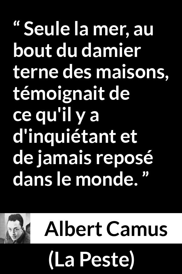 Citation d'Albert Camus sur l'agitation tirée de La Peste - Seule la mer, au bout du damier terne des maisons, témoignait de ce qu'il y a d'inquiétant et de jamais reposé dans le monde.
