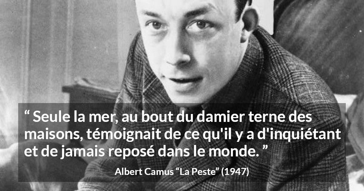 Citation d'Albert Camus sur l'agitation tirée de La Peste - Seule la mer, au bout du damier terne des maisons, témoignait de ce qu'il y a d'inquiétant et de jamais reposé dans le monde.