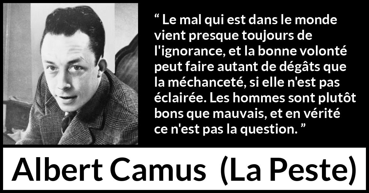 Citation d'Albert Camus sur l'ignorance tirée de La Peste - Le mal qui est dans le monde vient presque toujours de l'ignorance, et la bonne volonté peut faire autant de dégâts que la méchanceté, si elle n'est pas éclairée. Les hommes sont plutôt bons que mauvais, et en vérité ce n'est pas la question.