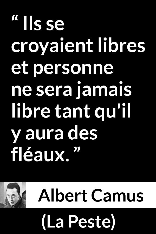 Citation d'Albert Camus sur la liberté tirée de La Peste - Ils se croyaient libres et personne ne sera jamais libre tant qu'il y aura des fléaux.