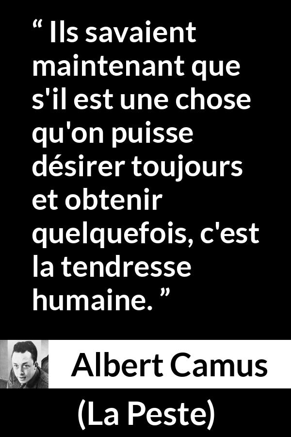 Citation d'Albert Camus sur le désir tirée de La Peste - Ils savaient maintenant que s'il est une chose qu'on puisse désirer toujours et obtenir quelquefois, c'est la tendresse humaine.