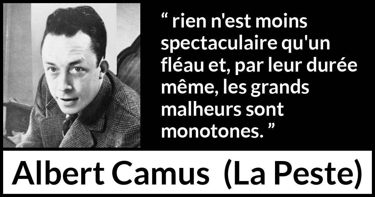 Citation d'Albert Camus sur le malheur tirée de La Peste - rien n'est moins spectaculaire qu'un fléau et, par leur durée même, les grands malheurs sont monotones.