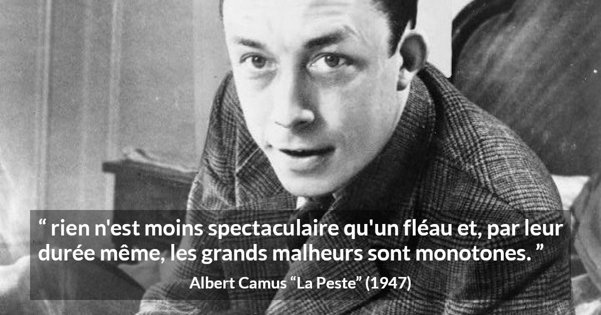 Citation d'Albert Camus sur le malheur tirée de La Peste - rien n'est moins spectaculaire qu'un fléau et, par leur durée même, les grands malheurs sont monotones.