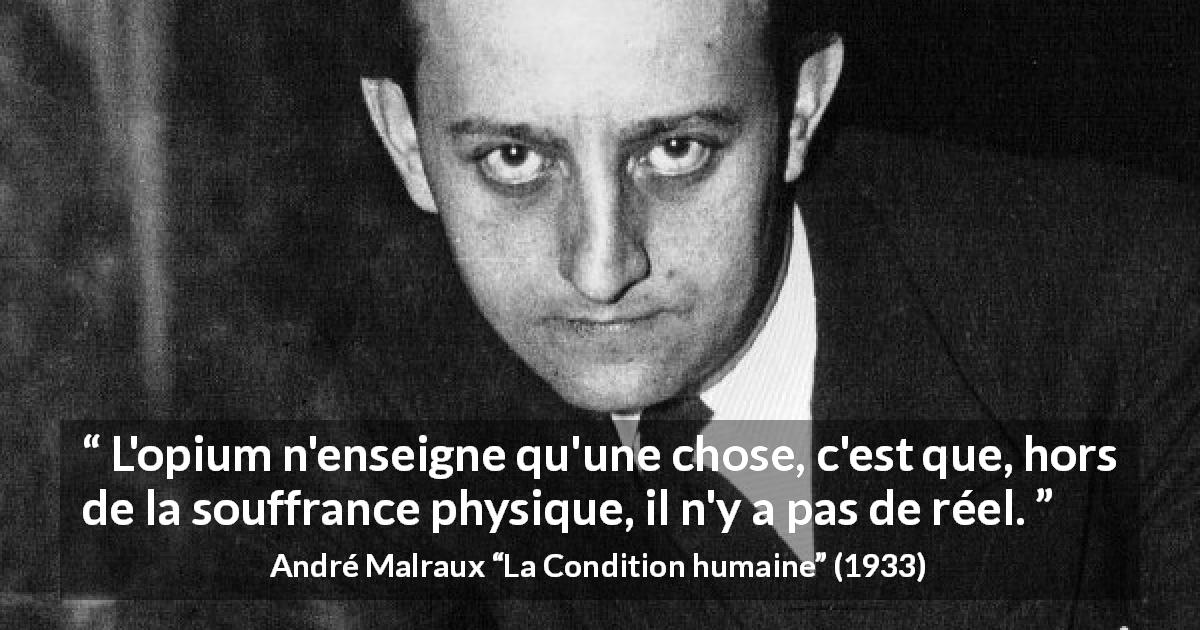 Citation d'André Malraux sur la souffrance tirée de La Condition humaine - L'opium n'enseigne qu'une chose, c'est que, hors de la souffrance physique, il n'y a pas de réel.