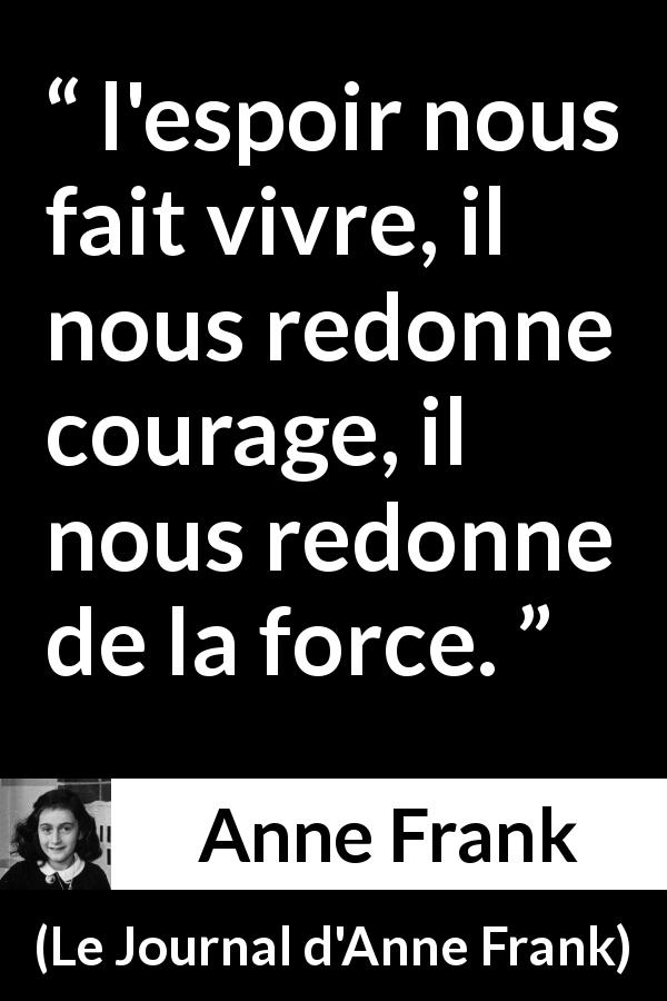 Citation d'Anne Frank sur le courage tirée du Journal d'Anne Frank - l'espoir nous fait vivre, il nous redonne courage, il nous redonne de la force.