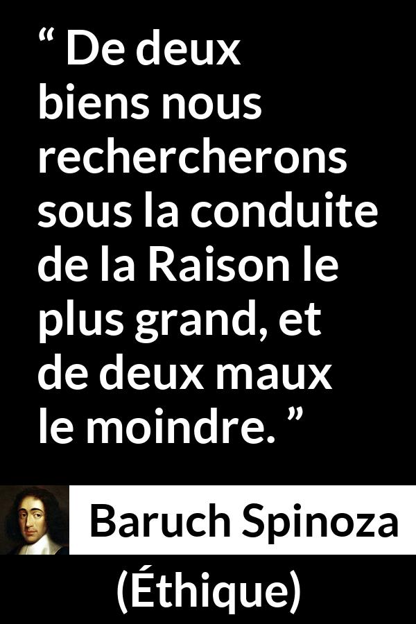 Citation de Baruch Spinoza sur le mal tirée d'Éthique - De deux biens nous rechercherons sous la conduite de la Raison le plus grand, et de deux maux le moindre.