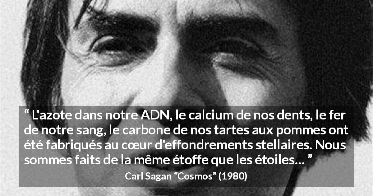 Citation de Carl Sagan sur étoiles tirée de Cosmos - L'azote dans notre ADN, le calcium de nos dents, le fer de notre sang, le carbone de nos tartes aux pommes ont été fabriqués au cœur d'effondrements stellaires. Nous sommes faits de la même étoffe que les étoiles…