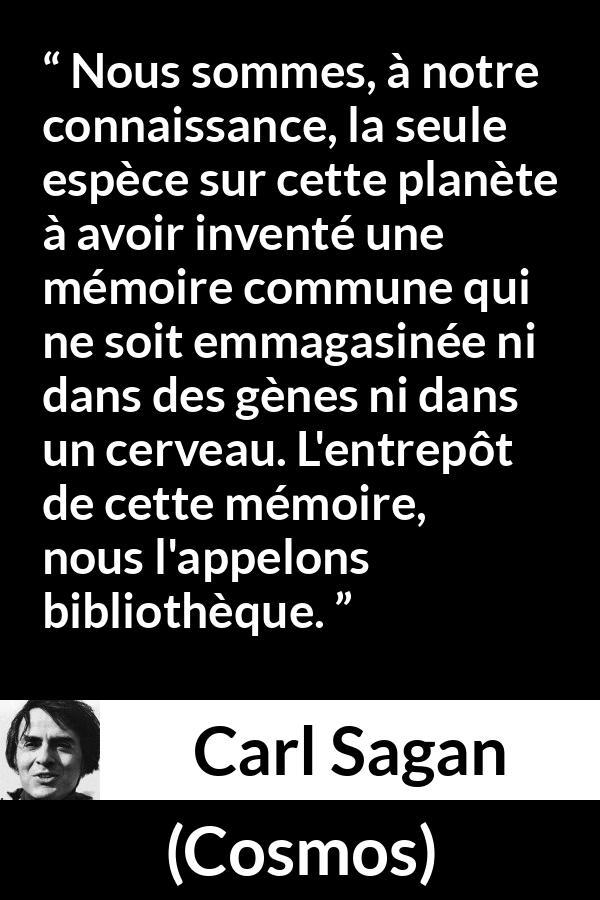 Citation de Carl Sagan sur la connaissance tirée de Cosmos - Nous sommes, à notre connaissance, la seule espèce sur cette planète à avoir inventé une mémoire commune qui ne soit emmagasinée ni dans des gènes ni dans un cerveau. L'entrepôt de cette mémoire, nous l'appelons bibliothèque.