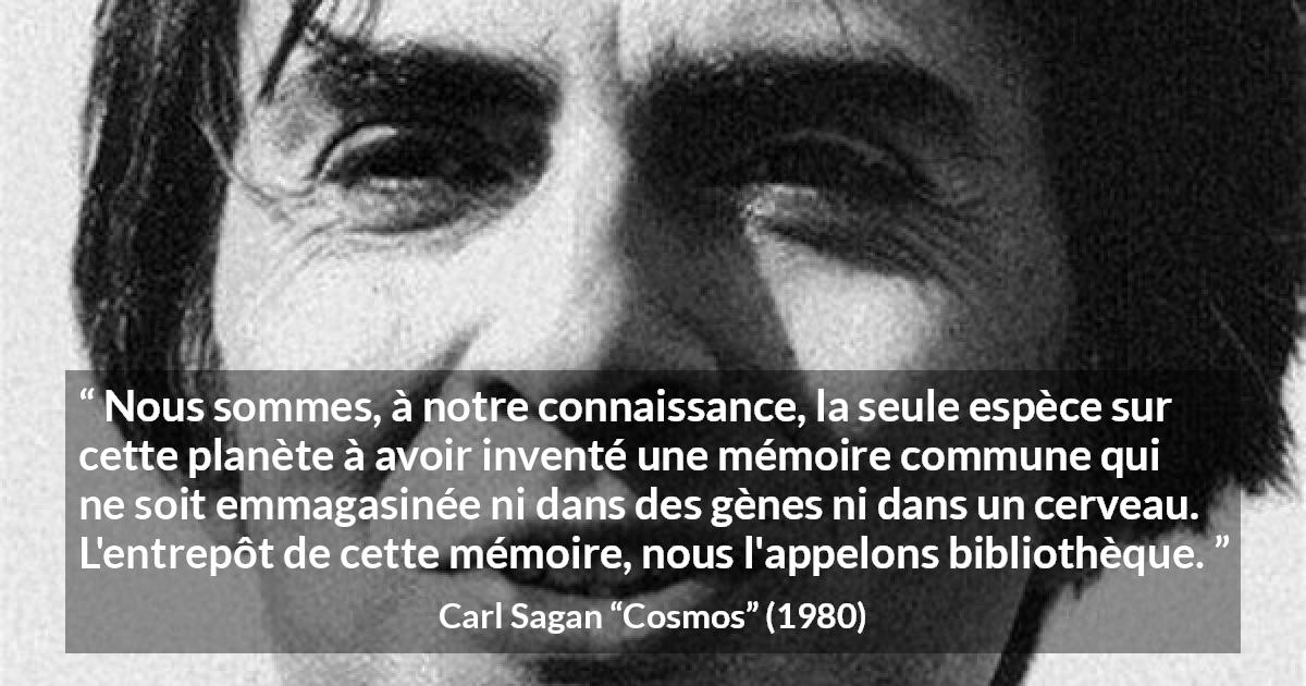 Citation de Carl Sagan sur la connaissance tirée de Cosmos - Nous sommes, à notre connaissance, la seule espèce sur cette planète à avoir inventé une mémoire commune qui ne soit emmagasinée ni dans des gènes ni dans un cerveau. L'entrepôt de cette mémoire, nous l'appelons bibliothèque.