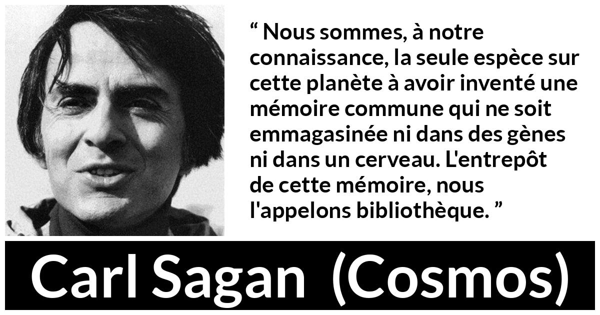 Citation de Carl Sagan sur la connaissance tirée de Cosmos - Nous sommes, à notre connaissance, la seule espèce sur cette planète à avoir inventé une mémoire commune qui ne soit emmagasinée ni dans des gènes ni dans un cerveau. L'entrepôt de cette mémoire, nous l'appelons bibliothèque.
