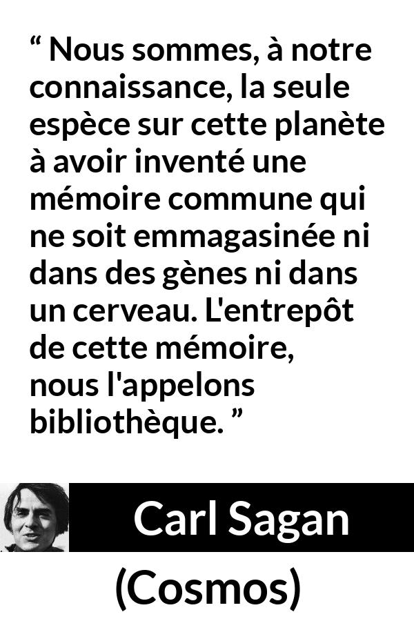 Citation de Carl Sagan sur la connaissance tirée de Cosmos - Nous sommes, à notre connaissance, la seule espèce sur cette planète à avoir inventé une mémoire commune qui ne soit emmagasinée ni dans des gènes ni dans un cerveau. L'entrepôt de cette mémoire, nous l'appelons bibliothèque.