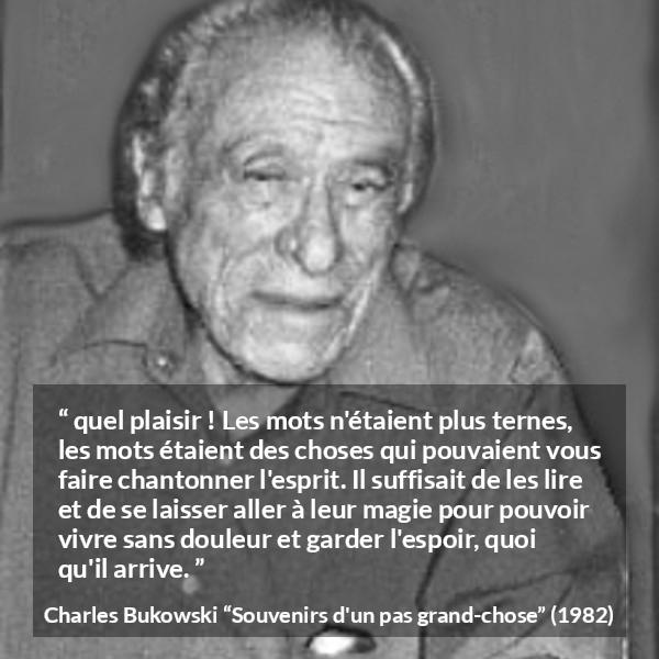 Citation de Charles Bukowski sur les mots tirée de Souvenirs d'un pas grand-chose - quel plaisir ! Les mots n'étaient plus ternes, les mots étaient des choses qui pouvaient vous faire chantonner l'esprit. Il suffisait de les lire et de se laisser aller à leur magie pour pouvoir vivre sans douleur et garder l'espoir, quoi qu'il arrive.