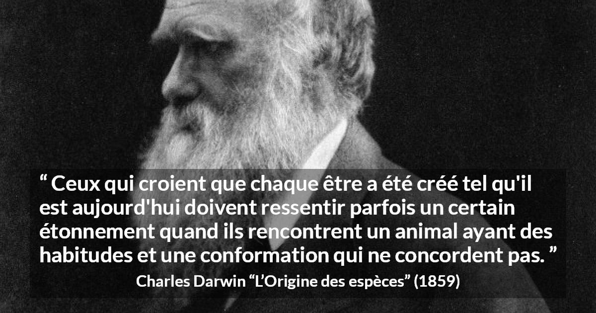 Citation de Charles Darwin sur la croyance tirée de L’Origine des espèces - Ceux qui croient que chaque être a été créé tel qu'il est aujourd'hui doivent ressentir parfois un certain étonnement quand ils rencontrent un animal ayant des habitudes et une conformation qui ne concordent pas.