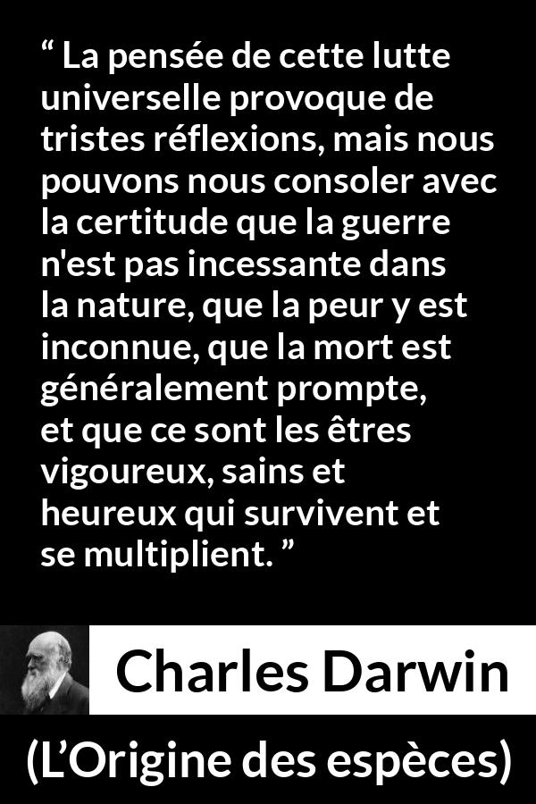 Citation de Charles Darwin sur la nature tirée de L’Origine des espèces - La pensée de cette lutte universelle provoque de tristes réflexions, mais nous pouvons nous consoler avec la certitude que la guerre n'est pas incessante dans la nature, que la peur y est inconnue, que la mort est généralement prompte, et que ce sont les êtres vigoureux, sains et heureux qui survivent et se multiplient.