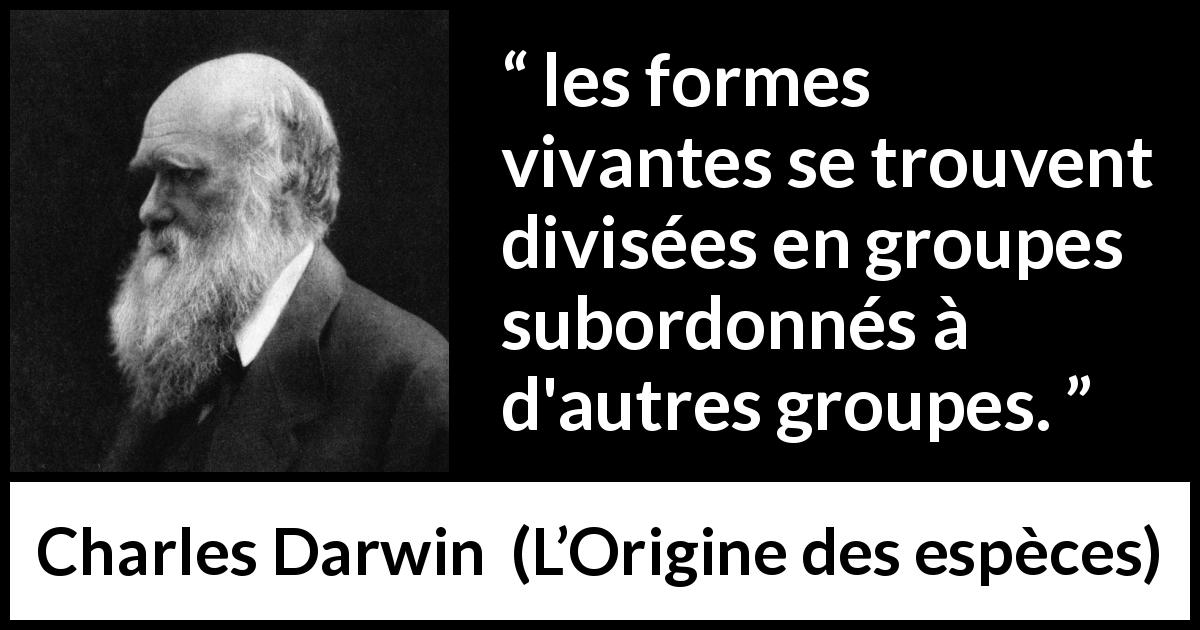 Citation de Charles Darwin sur la vie tirée de L’Origine des espèces - les formes vivantes se trouvent divisées en groupes subordonnés à d'autres groupes.