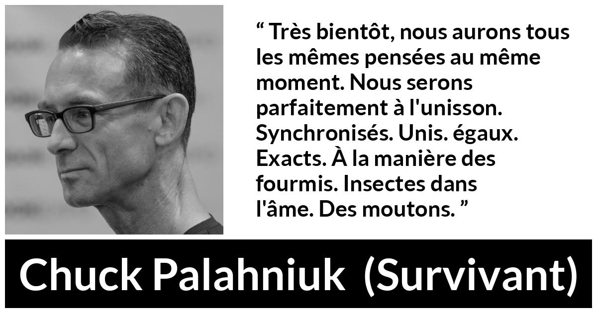 Citation de Chuck Palahniuk sur l'égalité tirée de Survivant - Très bientôt, nous aurons tous les mêmes pensées au même moment. Nous serons parfaitement à l'unisson. Synchronisés. Unis. égaux. Exacts. À la manière des fourmis. Insectes dans l'âme. Des moutons.