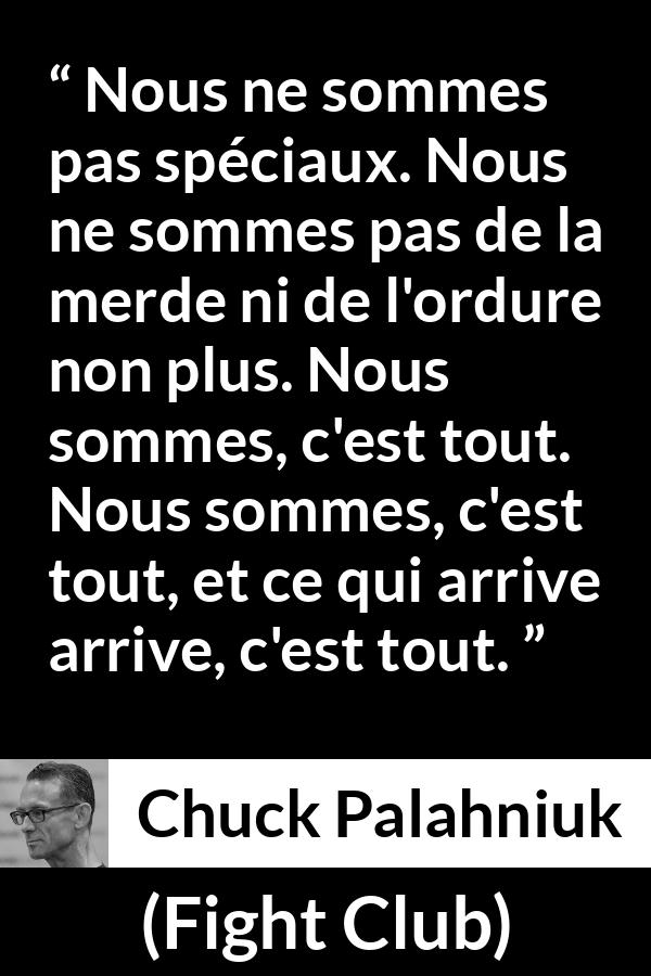 Citation de Chuck Palahniuk sur l'ordinaire tirée de Fight Club - Nous ne sommes pas spéciaux. Nous ne sommes pas de la merde ni de l'ordure non plus. Nous sommes, c'est tout. Nous sommes, c'est tout, et ce qui arrive arrive, c'est tout.