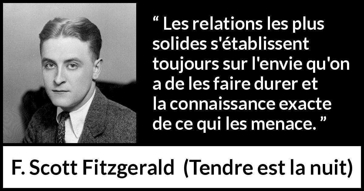 Citation de F. Scott Fitzgerald sur les obstacles tirée de Tendre est la nuit - Les relations les plus solides s'établissent toujours sur l'envie qu'on a de les faire durer et la connaissance exacte de ce qui les menace.