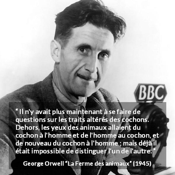 Citation de George Orwell sur l'homme tirée de La Ferme des animaux - Il n'y avait plus maintenant à se faire de questions sur les traits altérés des cochons. Dehors, les yeux des animaux allaient du cochon à l'homme et de l'homme au cochon, et de nouveau du cochon à l'homme ; mais déjà il était impossible de distinguer l'un de l'autre.