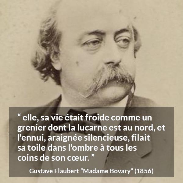 Citation de Gustave Flaubert sur l'ennui tirée de Madame Bovary - elle, sa vie était froide comme un grenier dont la lucarne est au nord, et l'ennui, araignée silencieuse, filait sa toile dans l'ombre à tous les coins de son cœur.