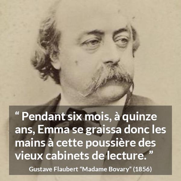 Citation de Gustave Flaubert sur la lecture tirée de Madame Bovary - Pendant six mois, à quinze ans, Emma se graissa donc les mains à cette poussière des vieux cabinets de lecture.