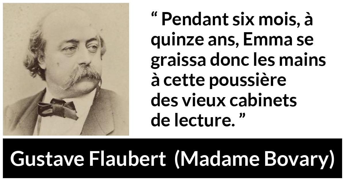 Citation de Gustave Flaubert sur la lecture tirée de Madame Bovary - Pendant six mois, à quinze ans, Emma se graissa donc les mains à cette poussière des vieux cabinets de lecture.