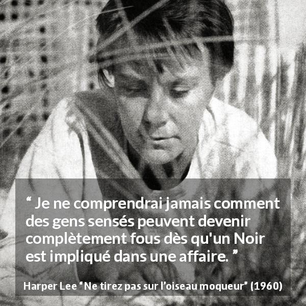 Citation de Harper Lee sur la folie tirée de Ne tirez pas sur l’oiseau moqueur - Je ne comprendrai jamais comment des gens sensés peuvent devenir complètement fous dès qu'un Noir est impliqué dans une affaire.