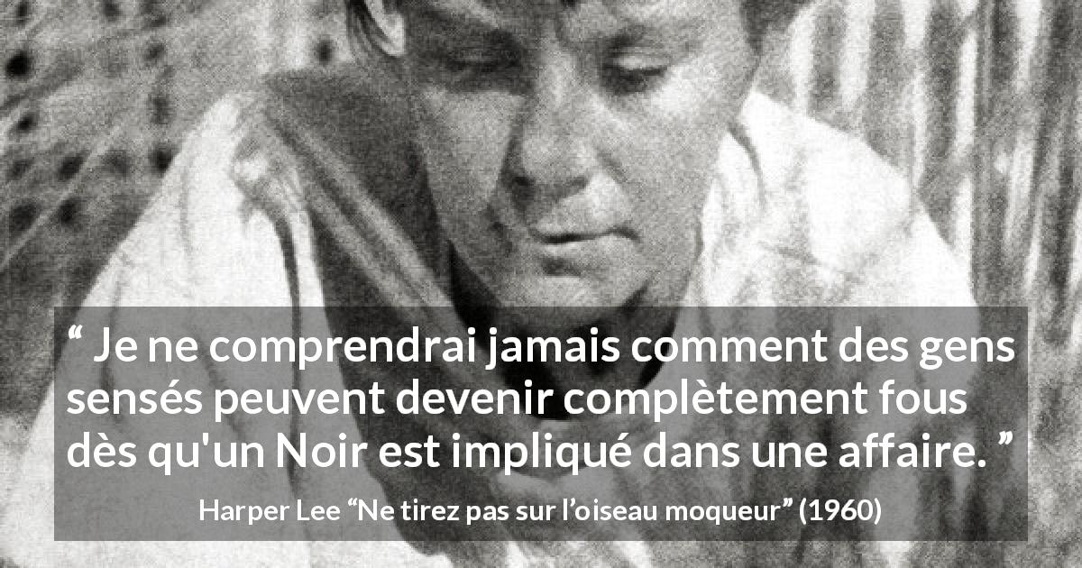 Citation de Harper Lee sur la folie tirée de Ne tirez pas sur l’oiseau moqueur - Je ne comprendrai jamais comment des gens sensés peuvent devenir complètement fous dès qu'un Noir est impliqué dans une affaire.