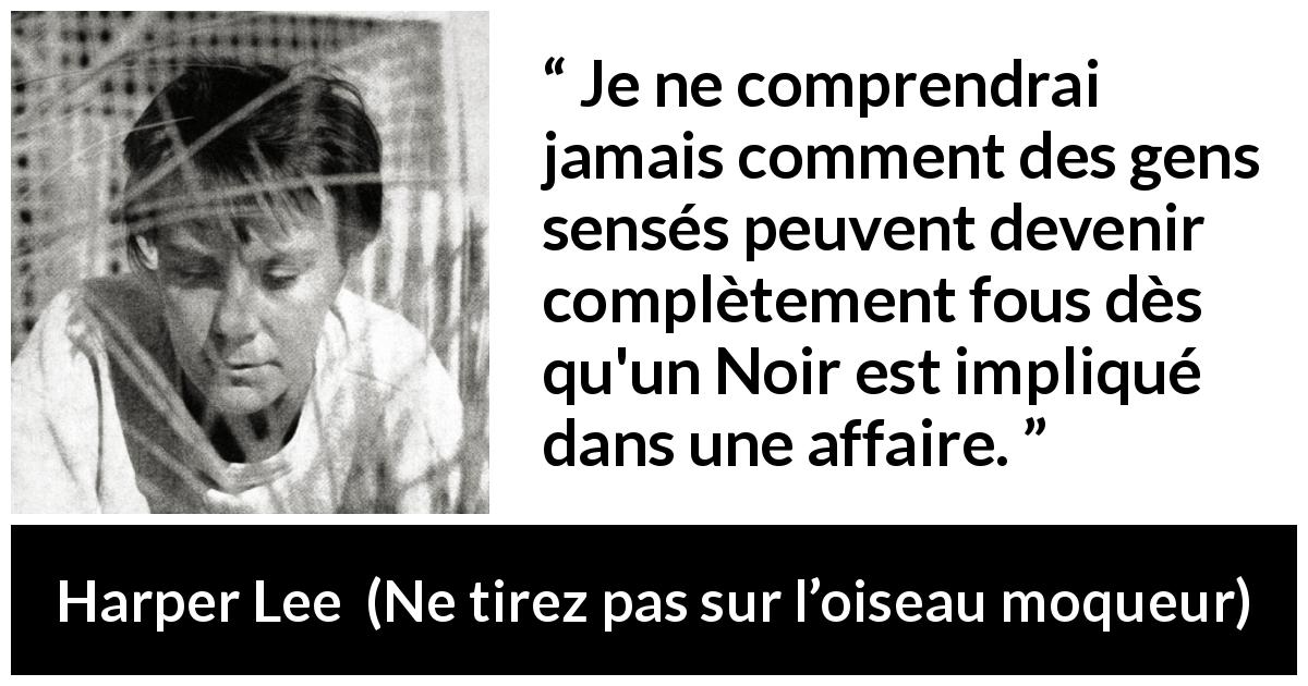 Citation de Harper Lee sur la folie tirée de Ne tirez pas sur l’oiseau moqueur - Je ne comprendrai jamais comment des gens sensés peuvent devenir complètement fous dès qu'un Noir est impliqué dans une affaire.