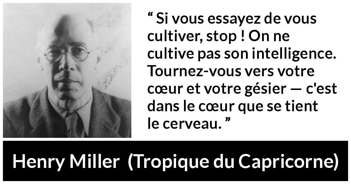 Citation de Henry Miller sur l'intelligence tirée de Tropique du Capricorne - Si vous essayez de vous cultiver, stop ! On ne cultive pas son intelligence. Tournez-vous vers votre cœur et votre gésier — c'est dans le cœur que se tient le cerveau.