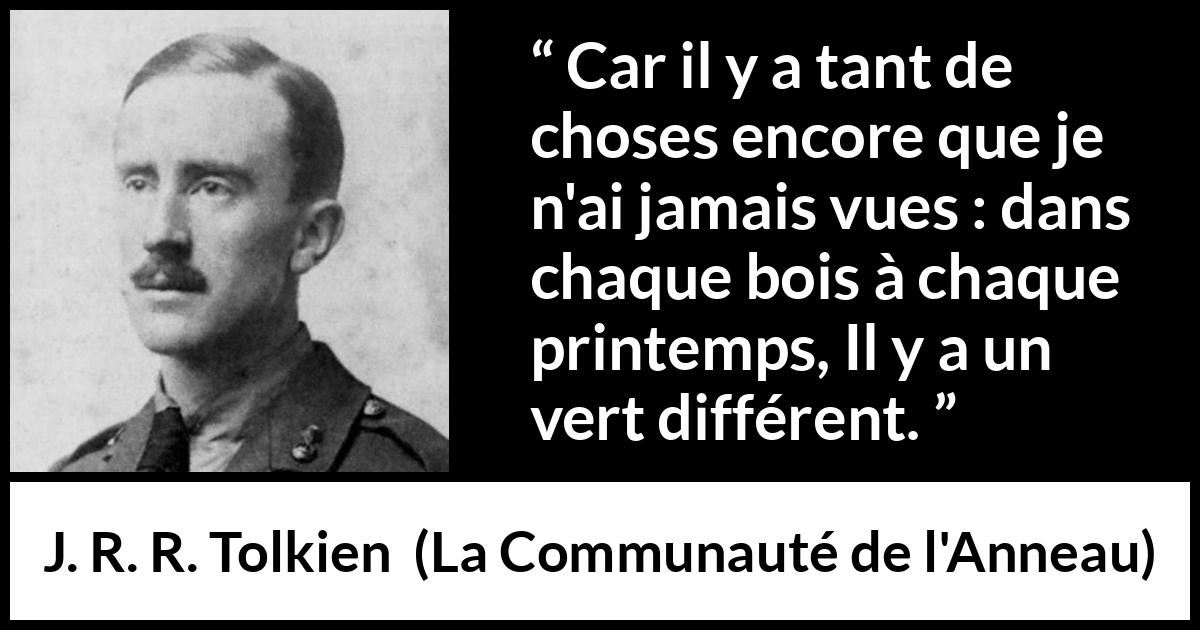 Citation de J. R. R. Tolkien sur la curiosité tirée de La Communauté de l'Anneau - Car il y a tant de choses encore que je n'ai jamais vues : dans chaque bois à chaque printemps, Il y a un vert différent.