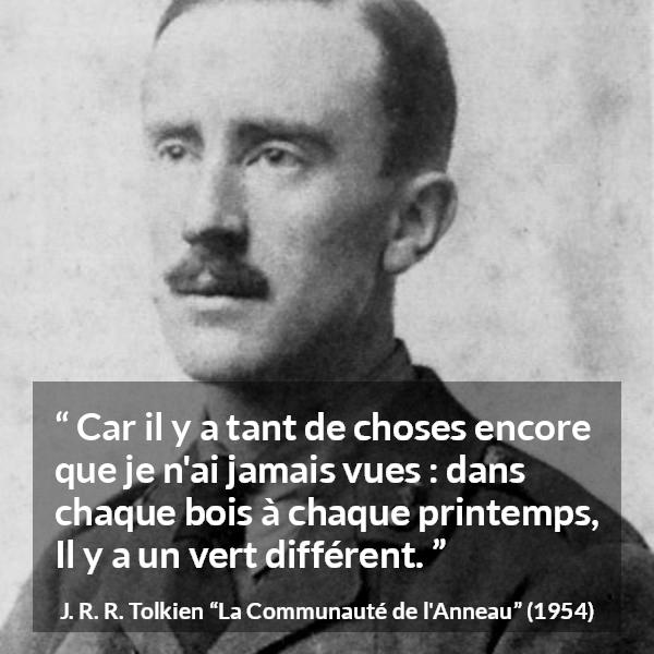 Citation de J. R. R. Tolkien sur la curiosité tirée de La Communauté de l'Anneau - Car il y a tant de choses encore que je n'ai jamais vues : dans chaque bois à chaque printemps, Il y a un vert différent.