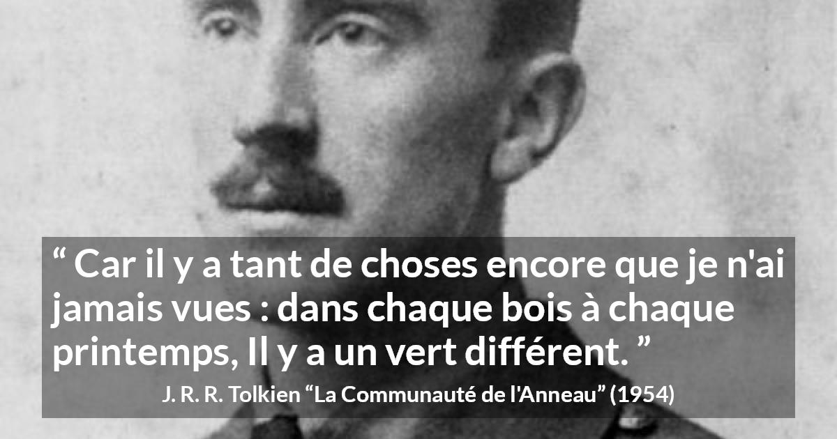 Citation de J. R. R. Tolkien sur la curiosité tirée de La Communauté de l'Anneau - Car il y a tant de choses encore que je n'ai jamais vues : dans chaque bois à chaque printemps, Il y a un vert différent.