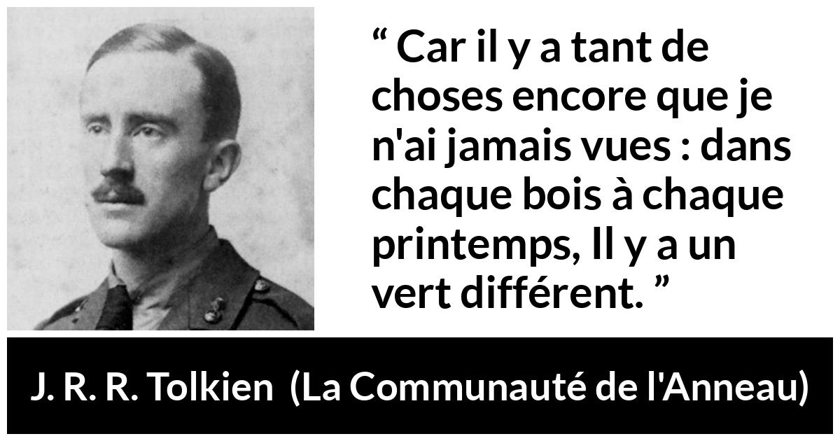 Citation de J. R. R. Tolkien sur la curiosité tirée de La Communauté de l'Anneau - Car il y a tant de choses encore que je n'ai jamais vues : dans chaque bois à chaque printemps, Il y a un vert différent.