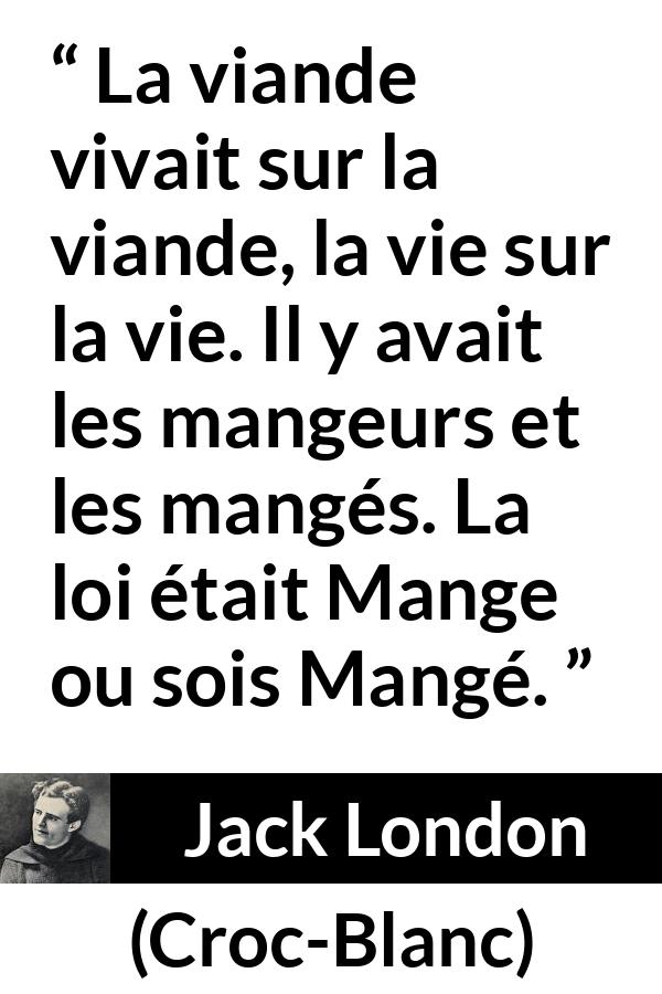 Citation de Jack London sur la nature tirée de Croc-Blanc - La viande vivait sur la viande, la vie sur la vie. Il y avait les mangeurs et les mangés. La loi était Mange ou sois Mangé.