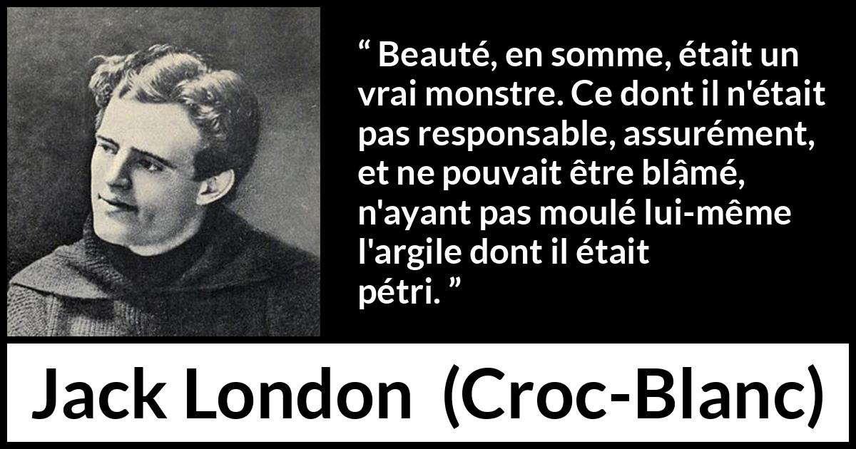 Citation de Jack London sur la responsabilité tirée de Croc-Blanc - Beauté, en somme, était un vrai monstre. Ce dont il n'était pas responsable, assurément, et ne pouvait être blâmé, n'ayant pas moulé lui-même l'argile dont il était pétri.
